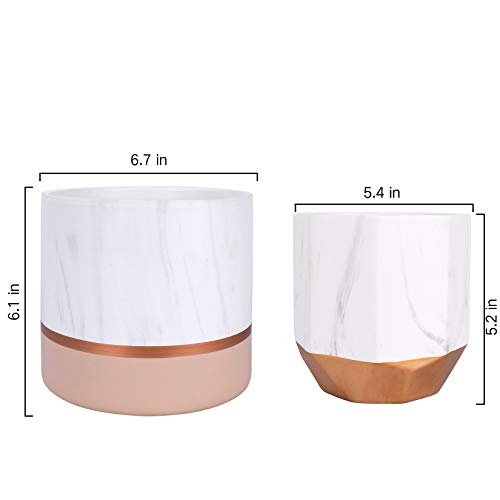La Jolie Muse White Ceramic Flower Pots - 6.7 + 5.4 Inch Indoor Planters, Plant Containers In A Marble Ink Pattern With Rose Gold And Pink Detailing #TOP5
