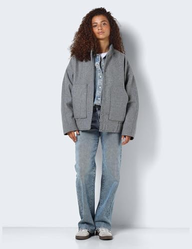 NOISY MAY Damen Jacke Oversize hoher Kragen Lange überschnittene Ärmel Fronttaschen, Farben:Grau-2, Größe:L