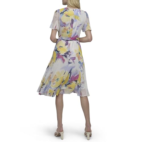 Image of DKNY Women's Flutter Sleeve Round Neck Waist Tie Midi Dress