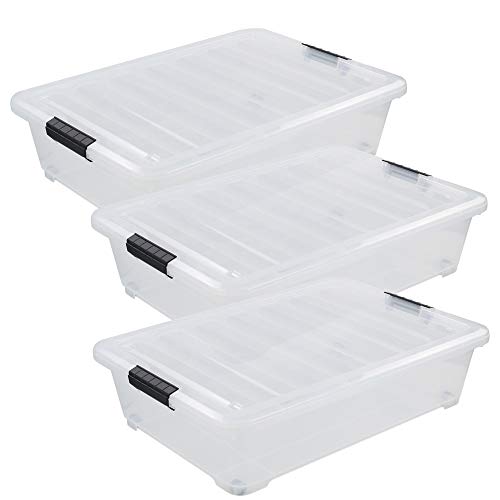 Asking 40 Quart Plastic Wheels Under Bed Storage Box, Latch Bin With Lid, Clear, 3-Pack #TOP6