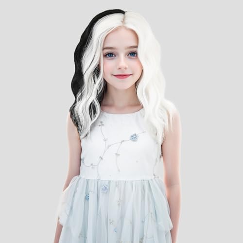 MEDO Black White Kids Wig Short Wave Curly Wig Black and White Wig Girls Black White Wig Synthetic Cosplay Two Tone Wig (Black and White)