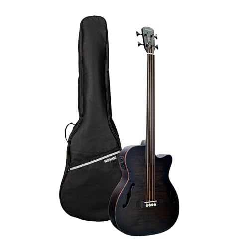 WishMade 4 String Fretless Acoustic Electric Bass Guitar for Adults Hollow Body with F-Holes Black Flamed Okoume Top Full Size Guitarra Matte Finish