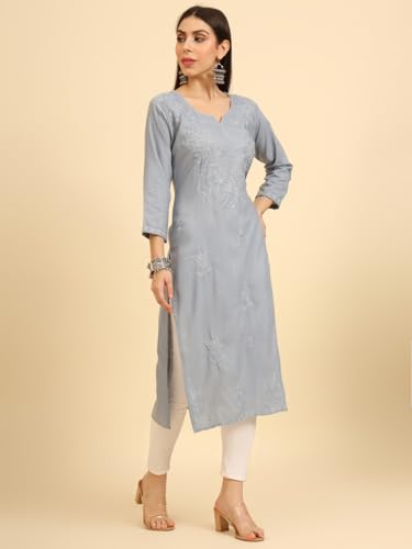 Image of Women's Chikankari-Lucknowi Embroidered Work | 3 /4 Sleeve | Knee Length | Round Neck | Cotton Fabric | Straight Kurta