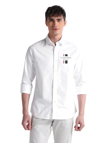 Image of U.S. POLO ASSN. Mens Cotton Regular Fit White Solid Collared Neck Long Sleeve Casual Shirts