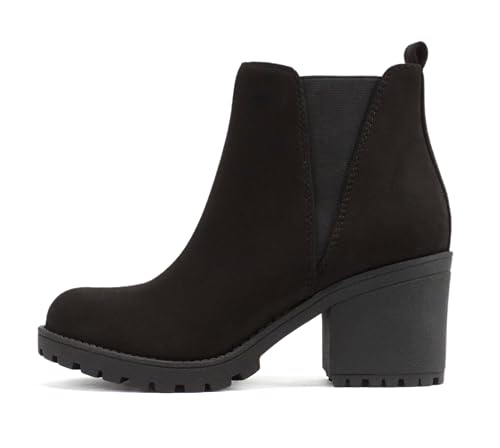 Soda ORIGAMI ~ WOMEN LUG SOLE MID HEEL FASHION ANKLE BOOTIE W/DOUBLE ELASTIC GORE (7.5, Black Suede, numeric_7_point_5)