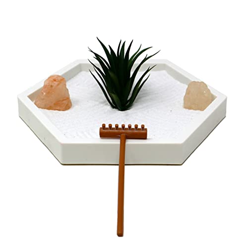 Nature's Mark Mini Zen Garden Kit for Desk with White Sand, Rake, White Base, Salt Rock and Air Plant (Hexagon)