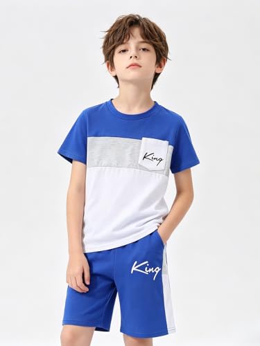 Image of Size 6-12 Years Boys Summer Outfits Set Kids Short Sleeve Top T-Shirt & Shorts Color Block Clothing Sets