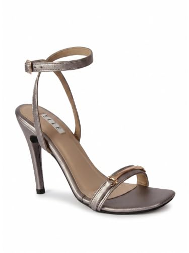 Image of ELLE Women's Square Toe Stiletto Heel Sandals with Gold-Tone Bar Detail and Crisscross Ankle Strap