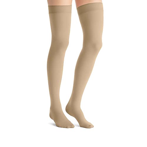 Image of JOBST Opaque Compression Stockings, 15-20 mmHg, Thigh High, Silicone Dot Band, Closed Toe