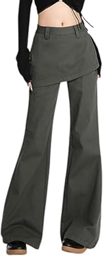 Skousers Skirts Over Trousers Y2K Cargo Pants Two Pieces Vintage Patchwork High Waist Flared Pants Hip Hop