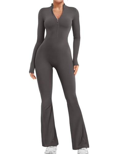 YEOREO Women Long Sleeve Flare Workout Jumpsuit Zip Up Romper Bottom Pants Wide Leg Bodysuit Bodycon Sexy One Piece Ash S