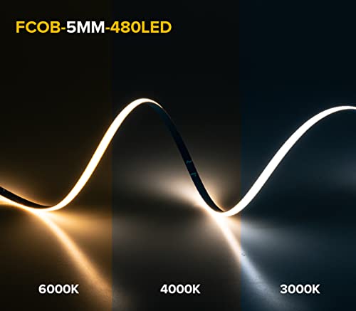 Image of 5mm COB LED Strip Light 6.56FT,DC12V Ultra Thin 6000K Daylight White Flexible High Density Strips 480LEDs /m, CRI 90+ Dimmable LED Tape Lights for Cabinet Bedroom, No Controller & Power Supply