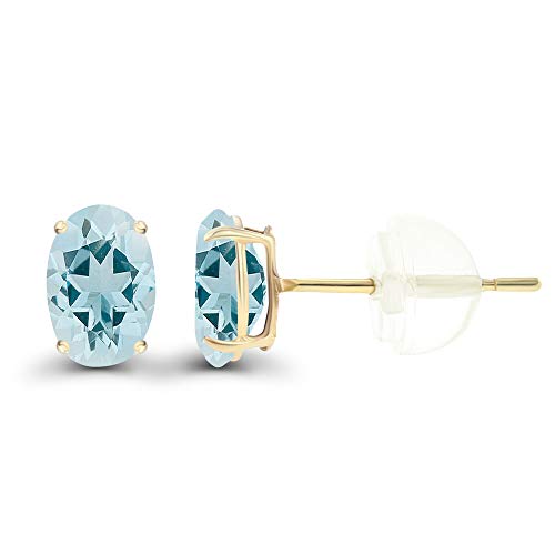 14K Yellow Gold Plated Sterling Silver 7X5Mm Oval Natural Aquamarine March Birthstone Genuine Stud Earrings For Women And Girls #TOP1