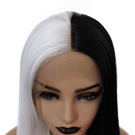 Miniatura 4 de Mezcla de encaje frontal sintético peluca mitad negro mitad blanco #1001 para mujeres sin pegamento largo recto pelucas de pelo sintético parte