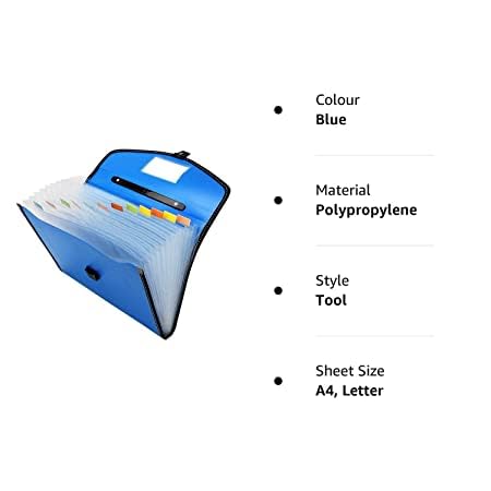 Image of Dankhara Brothers Expanding File Folder,Accordion Document /Letter A4 Size File Organizer With Handle&12 Pockets-Blue Color (Pack Of 1)
