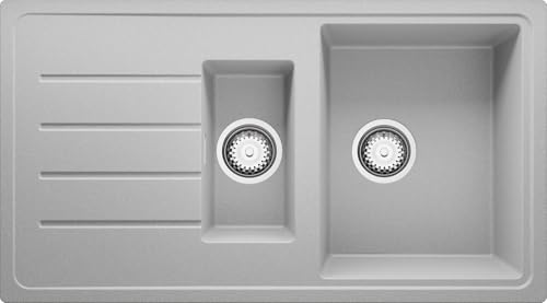 Fregadero Cocina 90 x 50 cm, Fregadero Granito 1,5 Senos + Sifón Clásico, Fregadero Empotrado con Escurridor Copenhague 900-60 Duo de Primagran, Gris