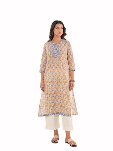 Image of GOODHAND Pure Cotton Floral Printed Long Kurta for Women | Straight Fit Ethnic Kurta | Round Neck 3 /4 Sleeve Kurta