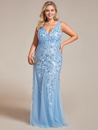 Image of Ever-Pretty Plus Sequin Formal Dresses Sleeveless V Neck Mermaid Ball Gowns Plus Size Prom Dress