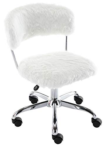 Wahson Cute Faux Fur Task Chair with Wheels, Kawaii Fluffy Swivel Desk Chair Armless, for Kids/Girls Living Room, Bedroom, Vanity, Home Office, School, Height Adjustable, Pure White