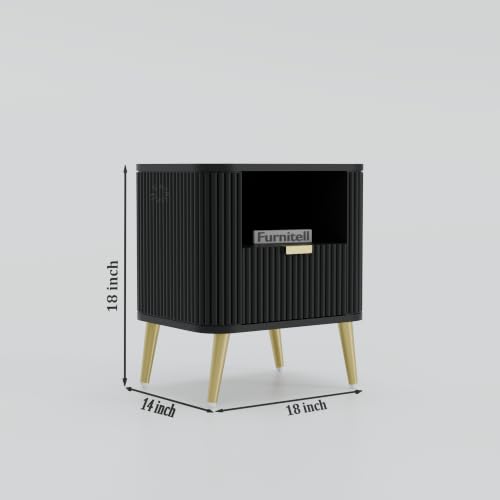 Image of Premium HDMR Wood Bedside Table with 1 Drawer & Open Storage Shelf, Fluted Nightstand with Golden Legs for Bedroom, Modern End Table, for Living Room, Black Finish (18 x 14 x 18 Inch)