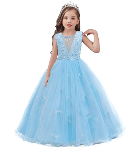 V-Neck Flower Girl Dress Lace Maxi Dress Girls Formal Wedding Tulle Dresses for Pageant Prom Ball Gown