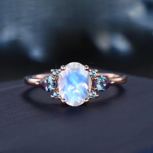 IVANKA 1.5ct Natural Alexandrite Oval Blue Moonstone Engagement Ring Vintage Color-Change Pear Alexandrite Wedding Ring June Birthstone Birthday/Promise Gifts Alexandrite Engagement Ring Antique Bridal Matching Ring For Women2