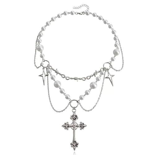 Gothic Pearl Cross Layered Necklace, Silver Chain with Pearl Beads,