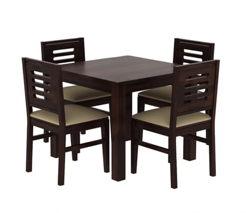Image of AS Arts Sheesham Wood Dining Table Set of 4 | Compact 4 Seater Wooden Dining Set for Home & Dining Room | Solid Wood Dining Table with Cushioned Chairs | Dark Walnut Finish