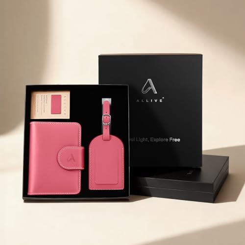 Image of ALLIVE Rfid Passport Holder for Travel Women, Rfid Passport Cover Wallet, Genuine Leather Passport Holder for Travel with AirTag Hidden, Gift Set with Luggage Tag in Premium Gift Box (Rose Pink)