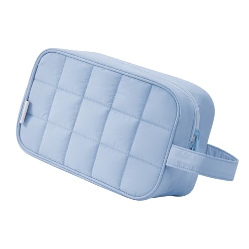 Image of Narwey Puffy Travel Toiletry Bag for Traveling Women Girl, Travel Bag for Toiletries, Cute Makeup Bag Cosmetic Bag Organizer, Quilted Make Up Skincare Medicine Bags (Blue)