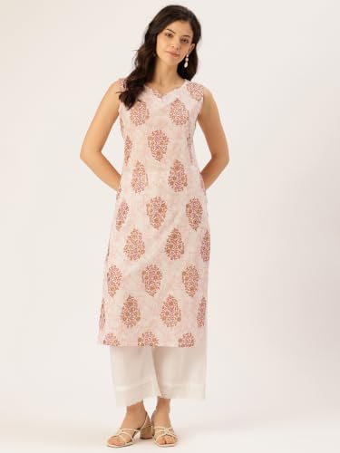 Image of feranoid Women's Pure Cotton Floral Print Straight Kurti | Elegant Curved V-Neck | Sleeveless Calf-Length Ethnic Wear | Comfortable Regular Fit | Sizes XS-XXL
