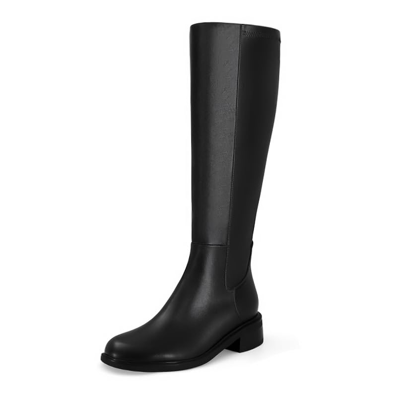 SOVANYOU Women s Knee High Boots Round Toe Faux Leather Elastic Tall Boot Comfortable Low Heel Fall Long