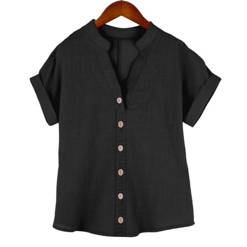 Teens Girls Shirt Short Sleeve Shirt Cotton Linen Blend Button-Down Top Kids Girls V-Neck Trendy (Black, 5-6 Years)3