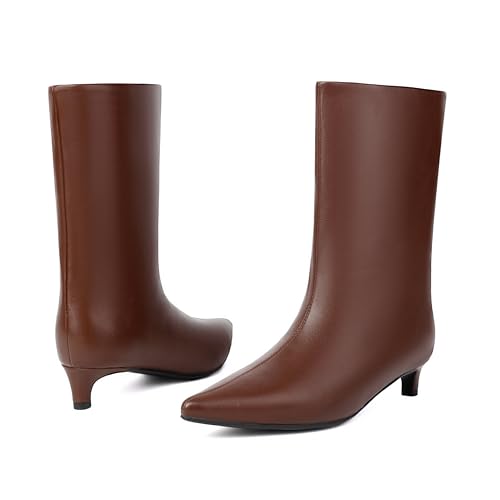 Women's Mid Calf Boots Wide Calf Kitten Heel Pointed Toe Pull On Low Heel Fall Boots3