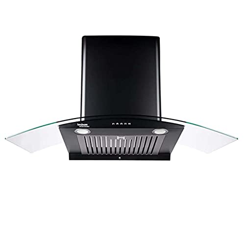 Image of Hindware Smart Appliances | Elena 90 cm Chimney | 1100 CMH | Curved Glass | Auto Clean | Push Button | 5 Yrs Warranty on Motor & 2 Yrs on Product | Wall Mounted (Baffle Filter, LED Lamps, Black)