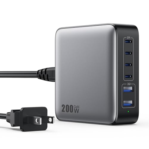 USB C Charger Block 200W[2025 Upgraded] GaN III 6 Port Fast Charging Station Hub,PD 65W USB C Laptop Charger Compatible with MacBook Pro/Air,iPad,iPhone 16/15,Galaxy S23/S24 Steam Deck Dell XPS etc