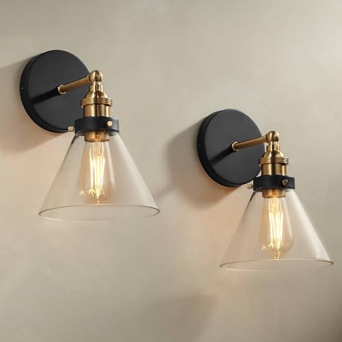360 Lighting Burke Modern Industrial Wall Light Sconces Set of 2 Black and Brass Hardwire 7 1/4" Fixture Clear Glass Cone Shade for Bedroom Bathroom Bedside Vanity Living Room Home Hallway