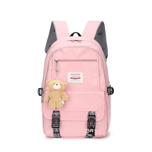 Mochila Unissex Escolar Passeio Grande Coreana Bolso Secreto Impermeável Feminina Faculdade +Ursinho (Rosa (6261))