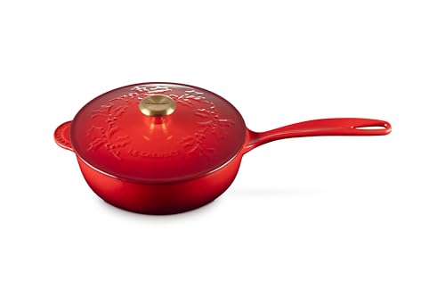 Le Creuset Enameled Cast Iron Holly Collection Saucier, 2.25 qt., Cerise with Gold Knob