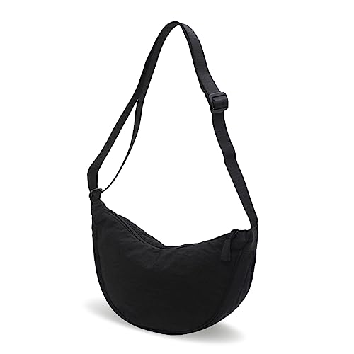 GoPaw Damen Halbmond Crossbody Schultertasche, Hobo Halfmoon Bag, Nylon Crossbody Bag Damen Halbmond Schultertasche mit verstellbarer Schultergurt, Einfarbige(Schwarz)