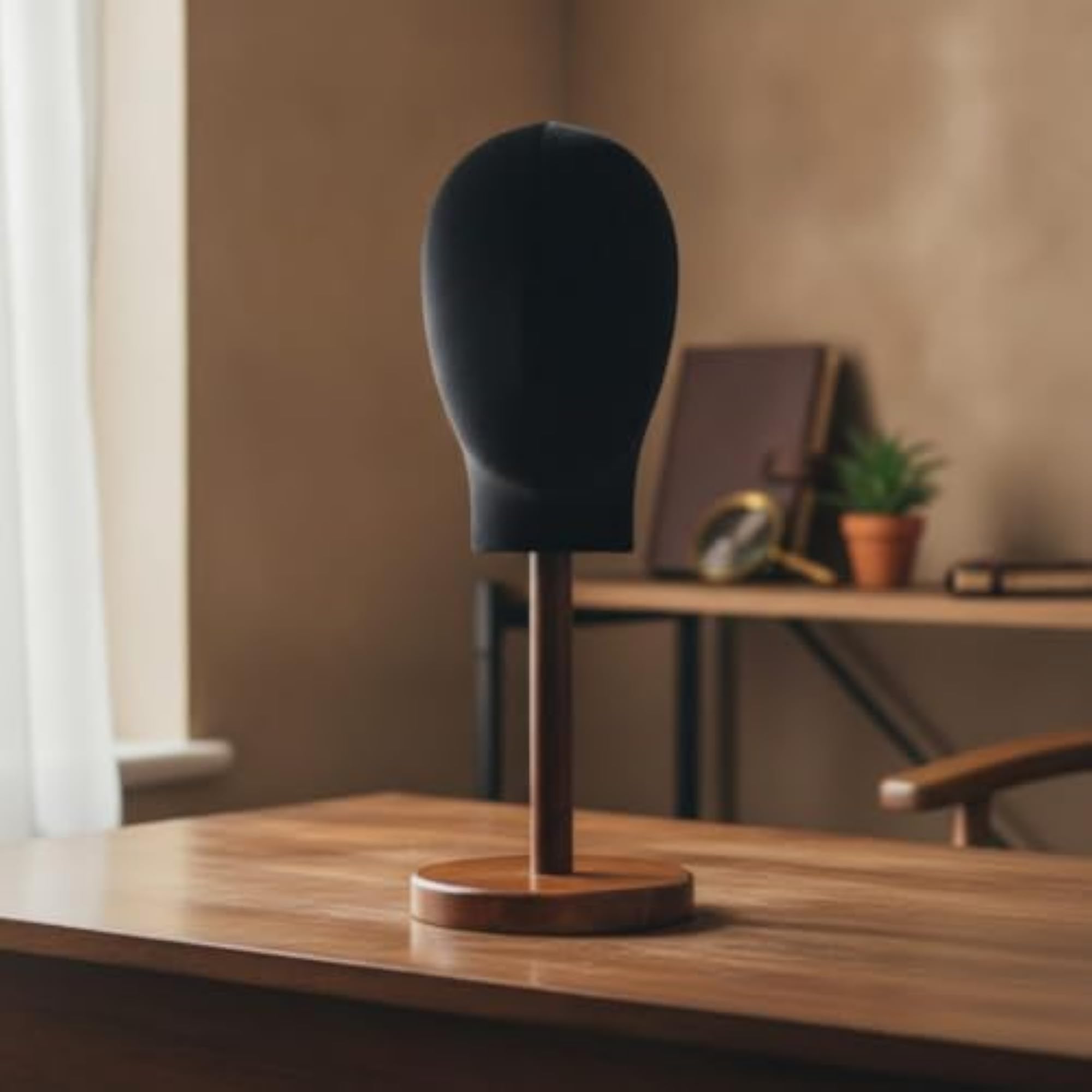 Velvet-Covered Hairpiece Head with Wooden Base