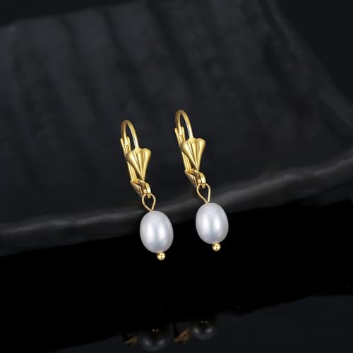 Pearl Earrings for Women Handpicked AAA+ Freshwater Cultured Pearl Leverback Drop Earrings Dangle Sterling Silver for Mother Her (Yellow Gold, Freshwater) — view 2