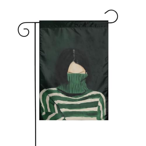 Woman Striped Green Turtleneck Sweater Garden Flag 12x18 Vertical Double Sided Farmhouse Holiday Outside Decorations Yard Flag