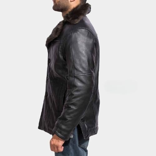 Men's Black Genuine Real Sheepskin Leather Jacket with Faux Fur Lining, Collar2
