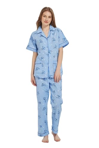 Pyjama 100% coton de qualité supérieure pour femme ensemble boutonné bleu XL