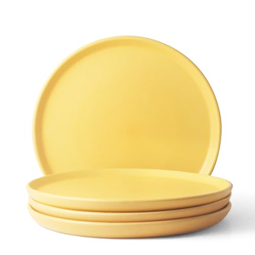 Image of Ceramic Dinner Plates, 4 Pcs | Rim Plate for Easy Eating | Microwave, Oven, Dishwasher Safe | Set of 4 Ceramic Plates for Dinner | Handmade | (Aamras Yellow, Set of 4 Dinner Plates)