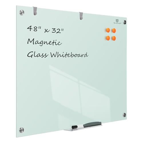 TSJ OFFICE Glass Dry-Erase Board - 48 x 32 Inches Wall Mounted Glass Magnetic Whiteboard, Large Frameless White Board for Office, Home & School