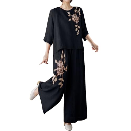 NSICBMNO Black Two Piece Outfit Women Linen Co Ord Set with Wide Leg Trousers