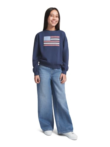Tommy Hilfiger Girls' Long Sleeve Fleece Pull-Over Crew Neck Sweatshirt, Soft & Comfortable, Flag Blueberry, 8-10 - image 2