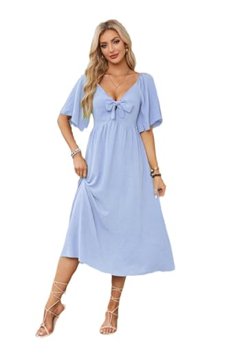 Vestido Midi Plisado de Manga Corta con Escote en V y Lazo para Mujer, Primavera y Verano, Azul Claro, XXL
